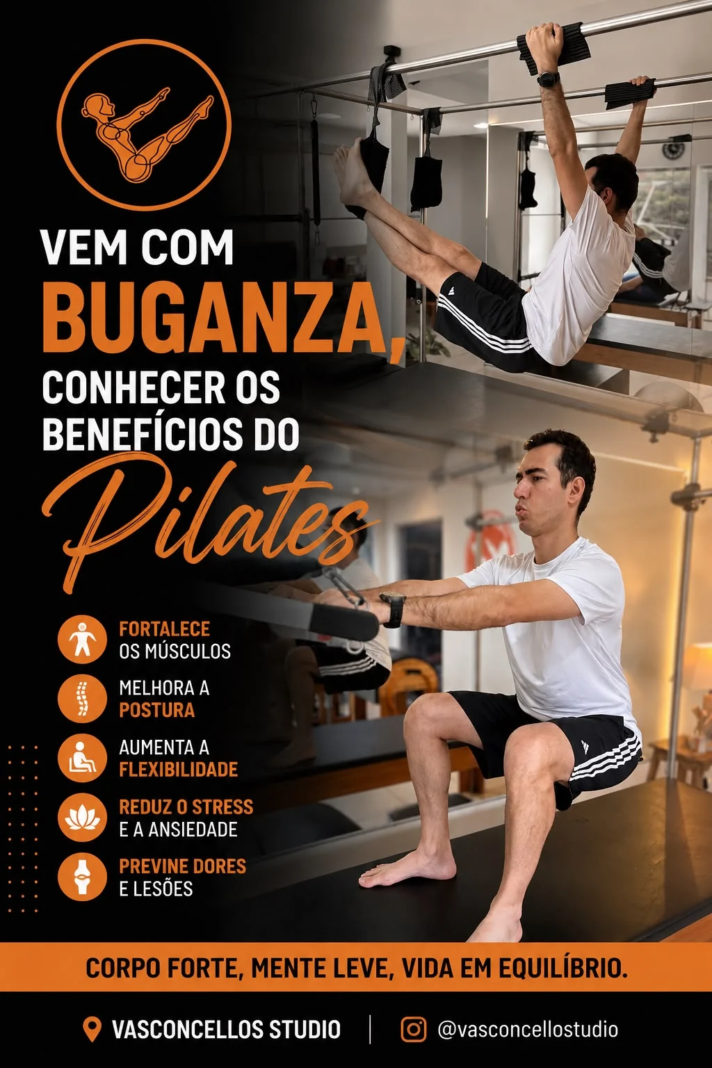 Buganza praticando Pilates nos aparelhos do Vasconcellos Studio