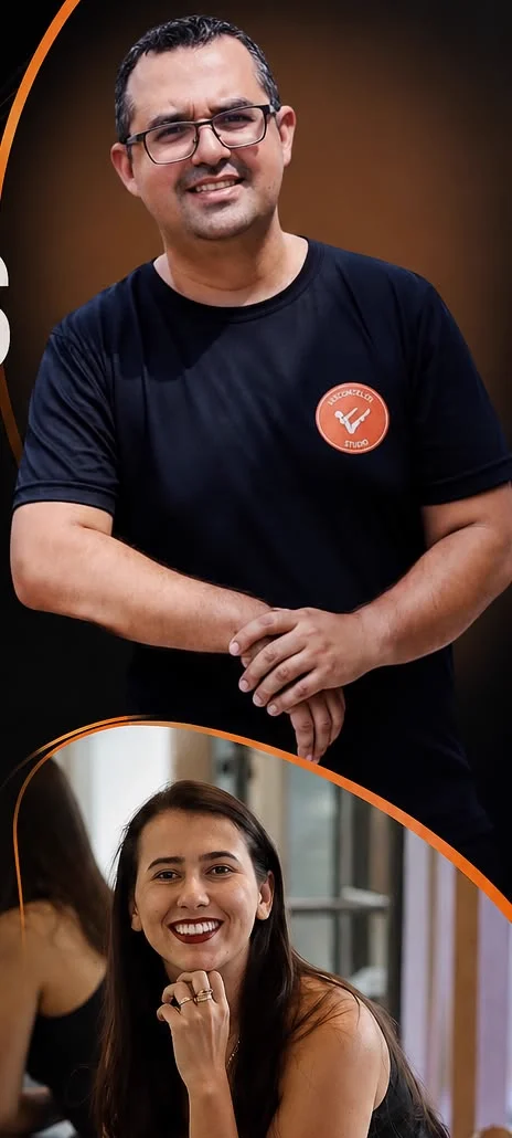 Fellipe Vasconcellos e instrutora do Curso de Pilates Clínico 2, nível intermediário