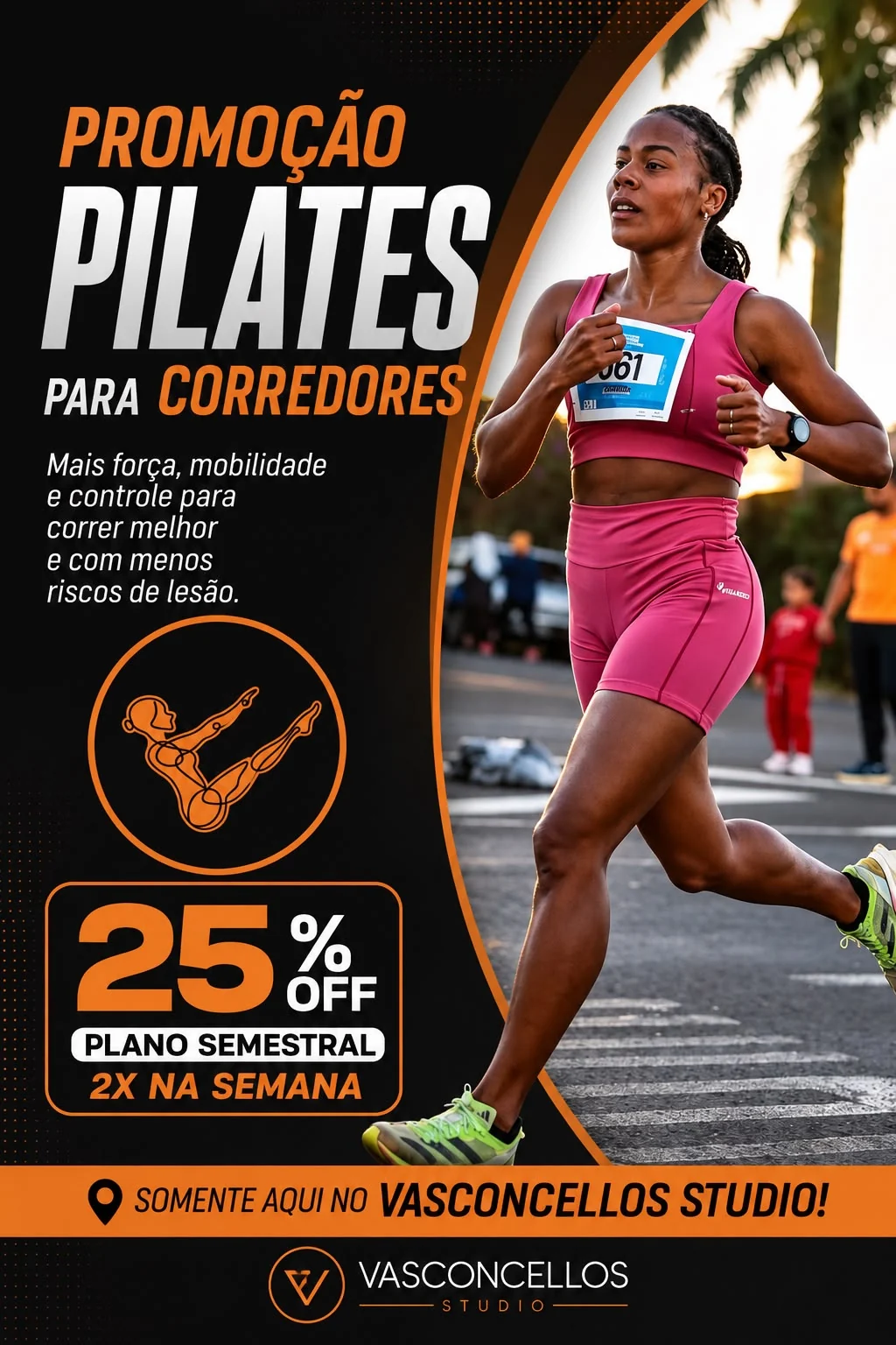 Promoção de Pilates para Corredores com 25% de desconto no plano semestral, duas vezes por semana